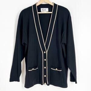 Vtg Wool Blend Cardigan The Knit Connection Large Black Gold Button Trim V Neck
